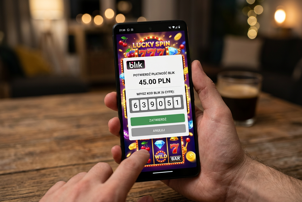 Smartfon z kodem BLIK na tle kolorowych automatów do gry online