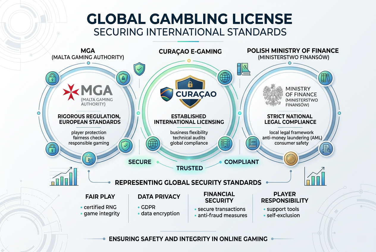 Grafika przedstawiająca logotypy najważniejszych organów licencyjnych: MGA, Ministerstwo Finansów, Curacao eGaming