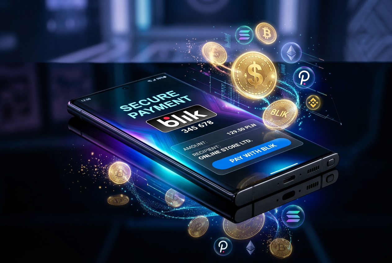 Nowoczesne metody płatności w kasynach online 2026, telefon z logiem BLIK i kryptowalutami
