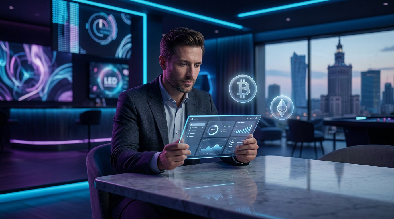 Nowoczesne krypto kasyno z neonowymi akcentami i symbolami kryptowalut w 2026 roku