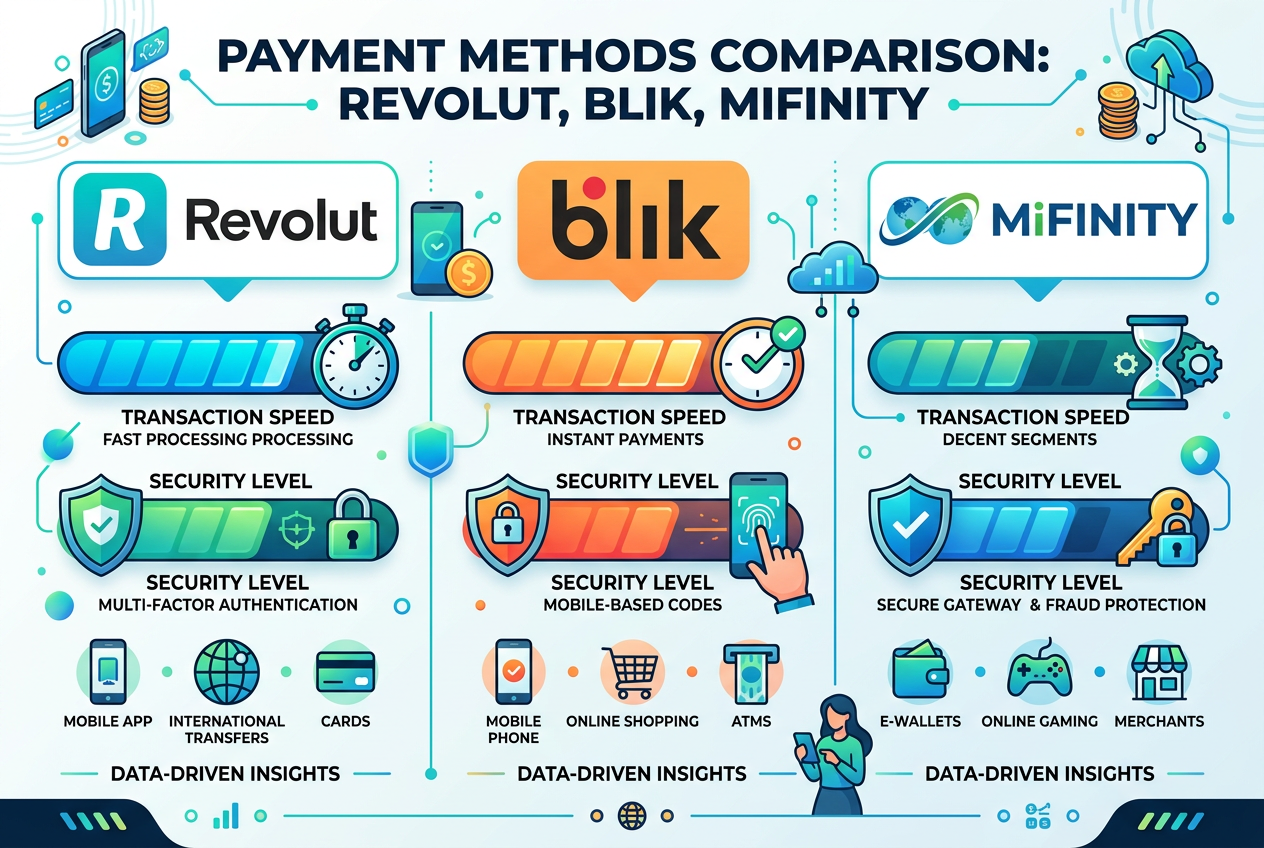 Infografika porównująca Revolut, BLIK i MiFinity