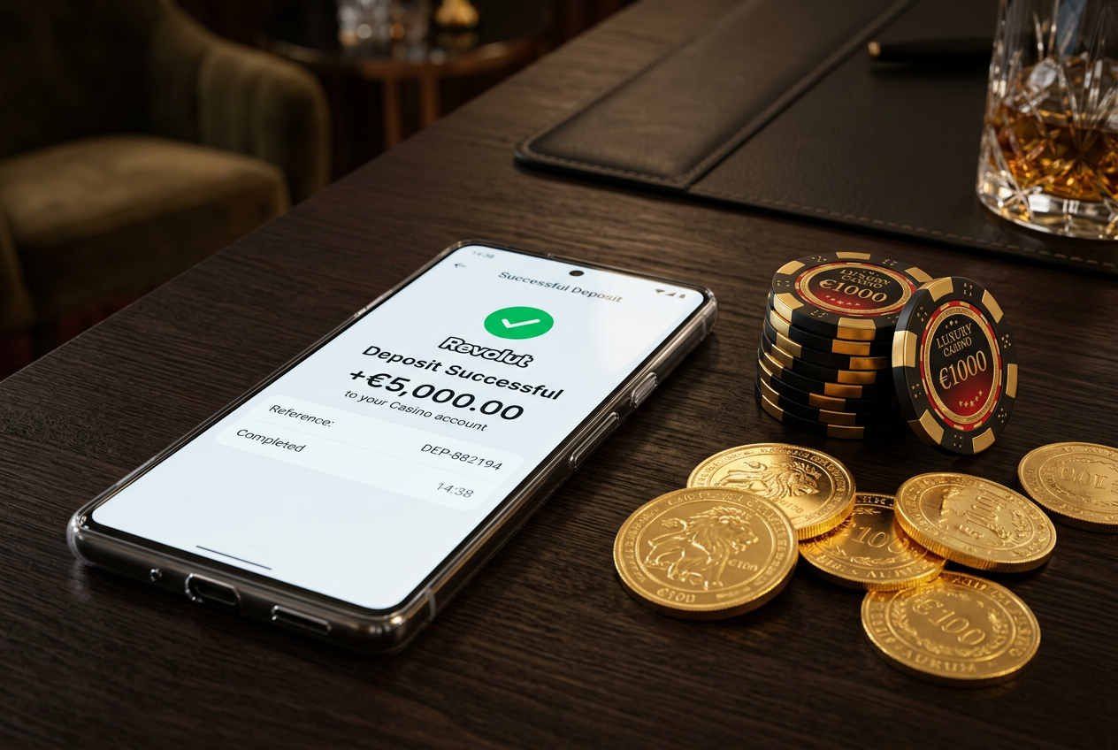 Smartfon z aplikacją Revolut i żetony kasynowe